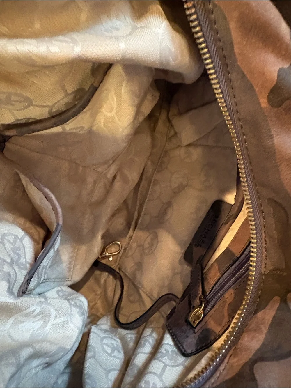Michael Kors Taupe & Beige Camo Leather Bag